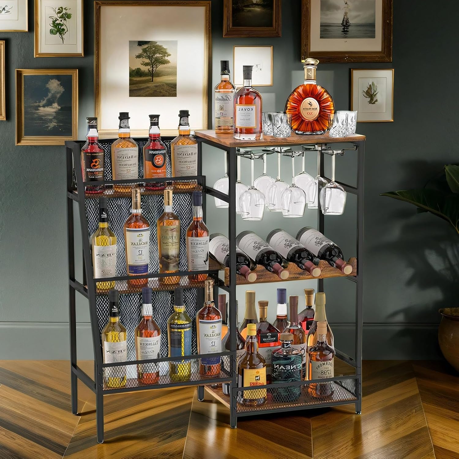Free Standing Floor Liquor Cabinet with Glass Bottle Holder, 3-Tier Display Shelf, Rustic Brown E213