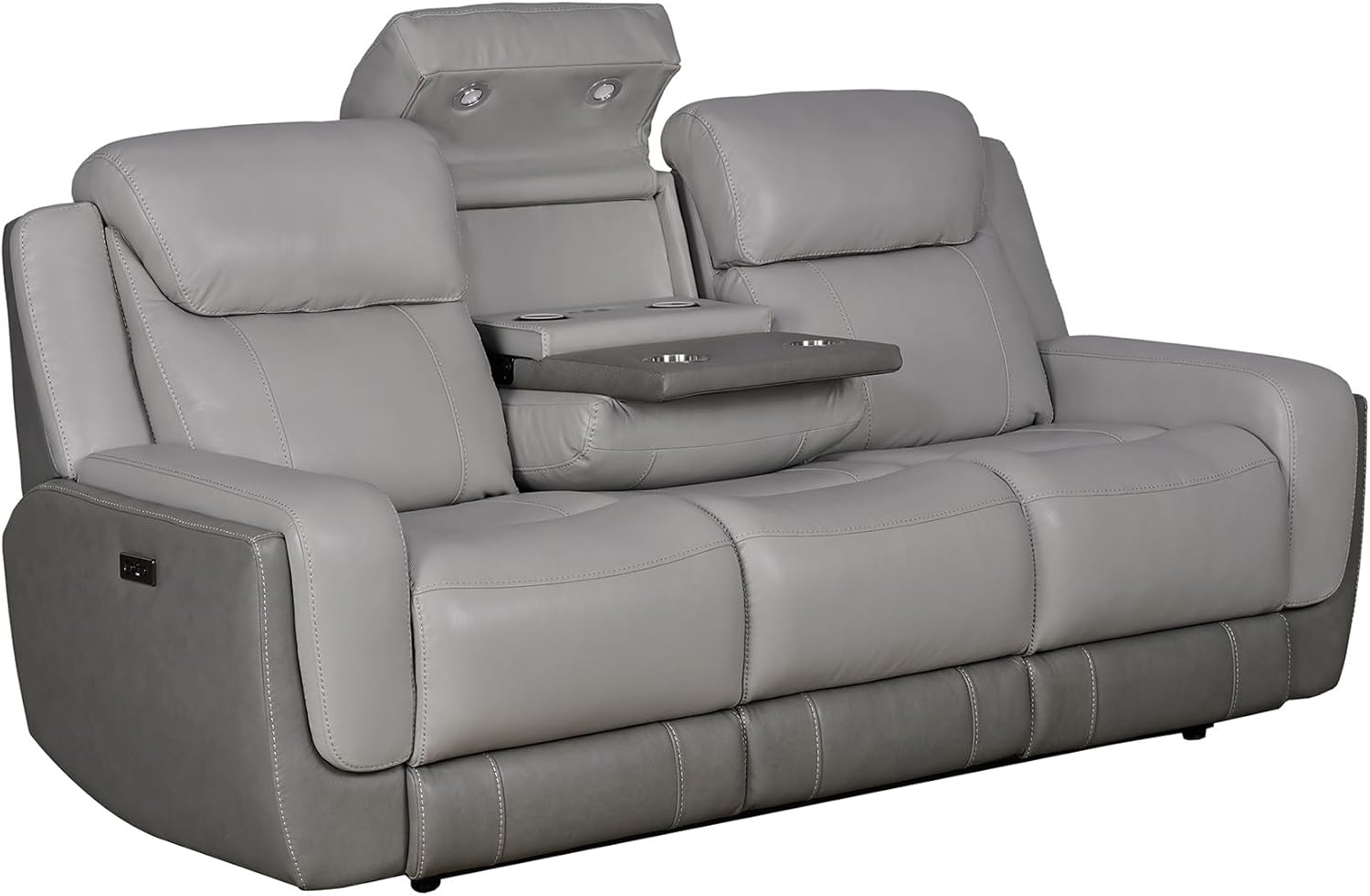 Modern Zero Gravity Power Reclining Sofa with Dropdown Console, 87" Wide, Silver and Gray Leather H4266