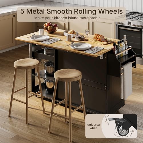 Rolling Kitchen Island with Drop Leaf, Wood Countertop, Storage Cabinet, White Q36361