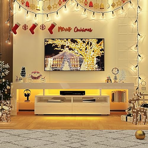 TV Stand for 75/80 inch TV, Modern LED TV Stand with Storage Drawer, RGB Light, White P95722