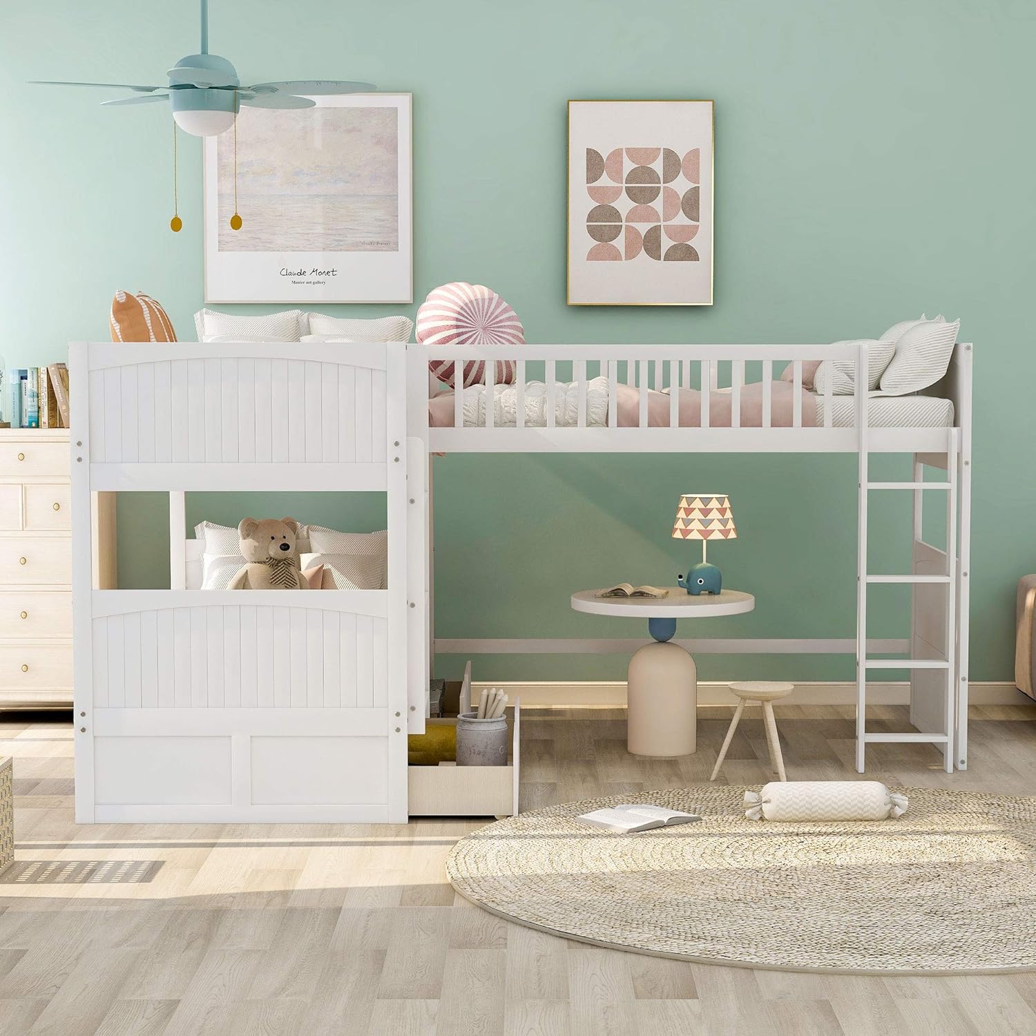 L-Shape Corner Triple Bunk Bed with 2 Drawers and Storage L859606