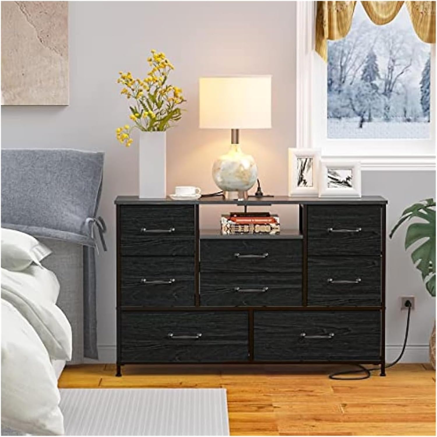 TV Stand with Power Outlet for 55 Inch TV, 8 Drawers, Black F86854