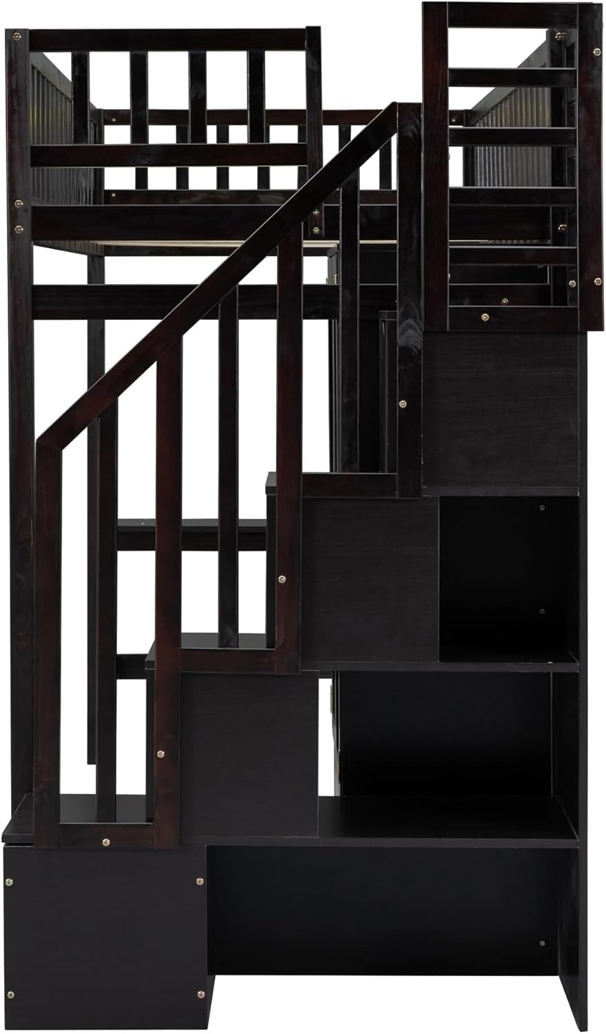 Twin Size Loft Bed with Stairs, Desk, Bookshelf, Drawers and Wardrobe, Solid Wood Frame Q2518