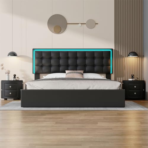 Queen Size Upholstered Bed with LED Headboard and 2 Nightstands J3020