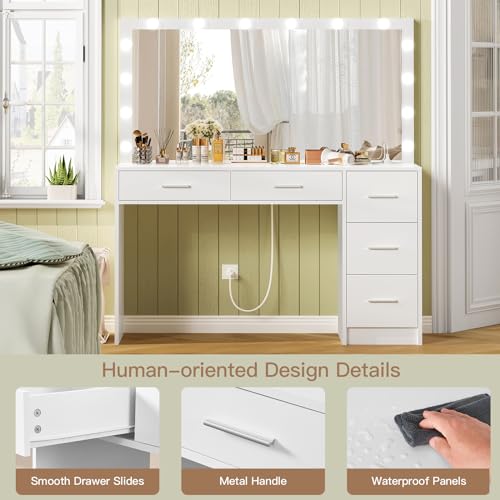 Vanity Desk with Lighted Mirror, 7 Drawers, 3 Lighting Colors, White X572