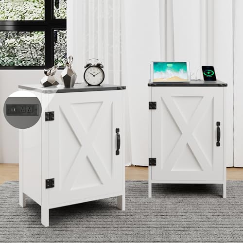 Farmhouse Nightstands Set of 2 with Charging Station, Rustic Bedside Table End Table with Barn Door for Living Room Bedroom Sofa Side Table with Storage, White