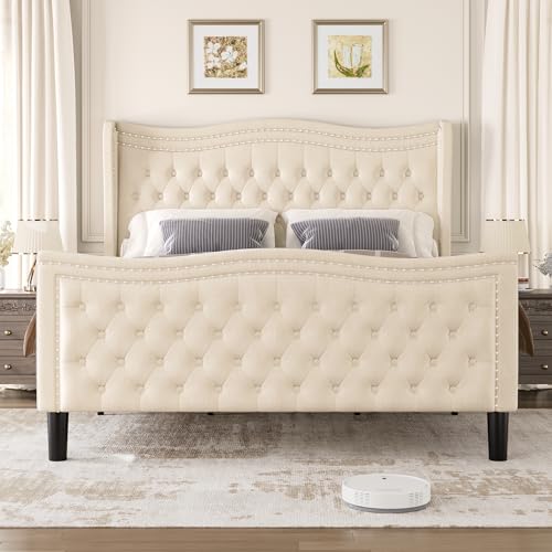 Upholstered Queen Bed Frame with Tall Headboard, Velvet, No Box Spring Needed Y91759