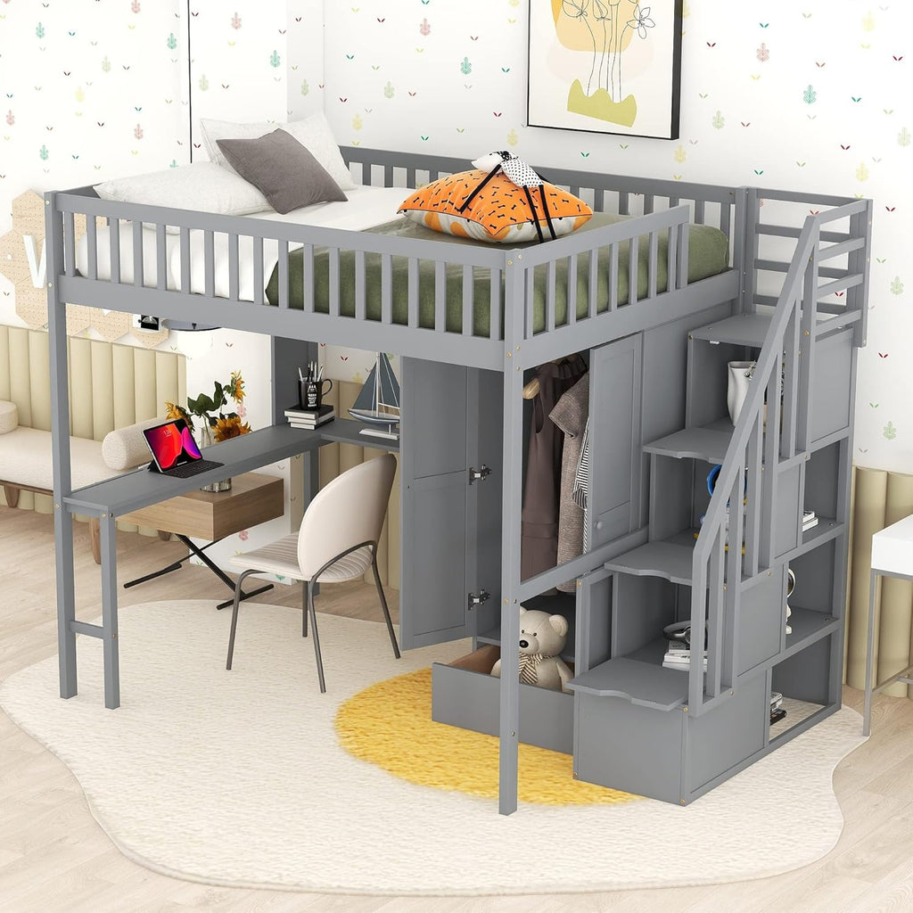 Full Size Loft Bed with Stairs, Desk, Bookshelf, Storage Drawers and Wardrobe, Solid Wood Frame Y463750