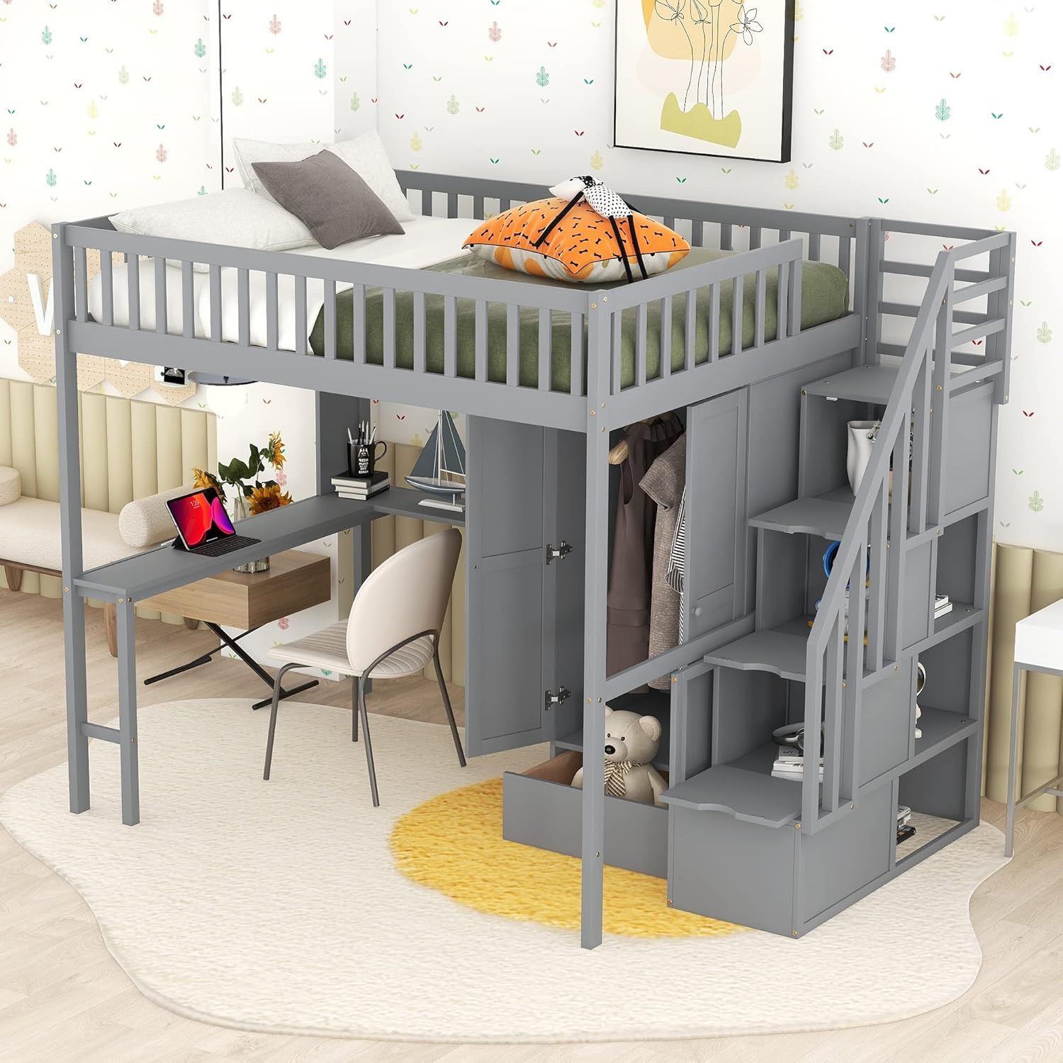 Full Size Loft Bed with Stairs, Desk, Bookshelf, Storage Drawers and Wardrobe, Solid Wood Frame Y463750
