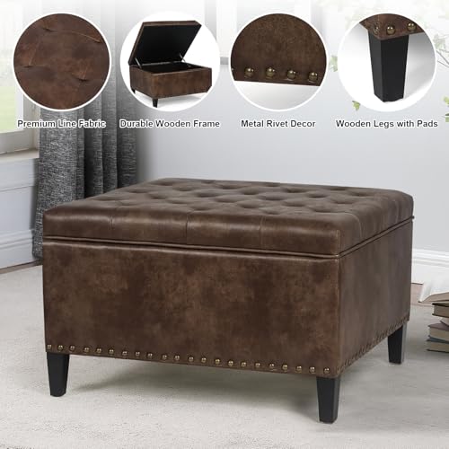 Square Storage Ottoman Coffee Table with Upholstered Lid, Dark Gray C100