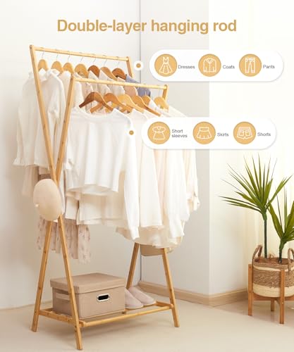 Bamboo Clothes Rack with Storage Shelf, Foldable Garment Rack V713923