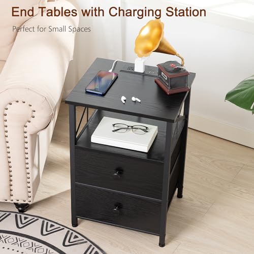 Nightstand Set of 2 with Charging Station, USB Ports and Outlets, Fabric Drawers, Dark Grey W975874