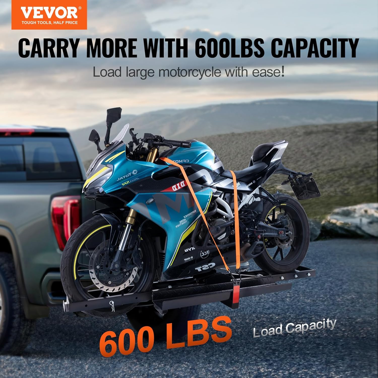 Motorcycle Carrier Hitch Mount with Loading Ramp, 600 LBS Capacity Y1449