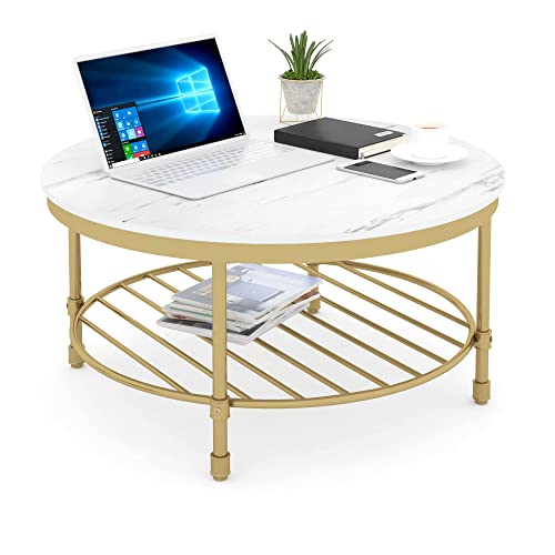 2-Tier Round Coffee Table with Storage Shelf, Rustic Wood and Steel W5841