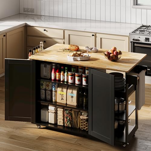 Gizoon Rolling Kitchen Island with Drop Leaf, 60.6" Width Wood Countertop, Kitchen Carts on Wheels with Large Storage Cabinet, Adjustable Shelf, Spice Towel Rack, Removable Tray, White