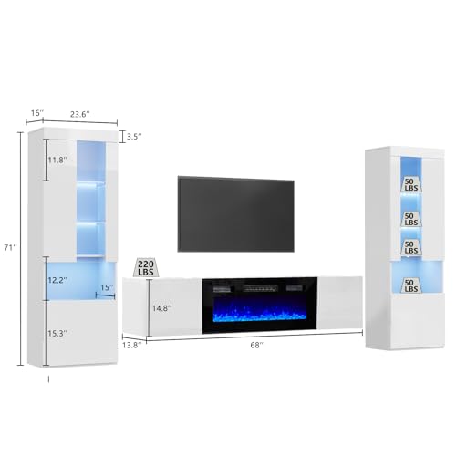High Gloss TV Stand with Electric Fireplace and Glass Door Bookcases P6943