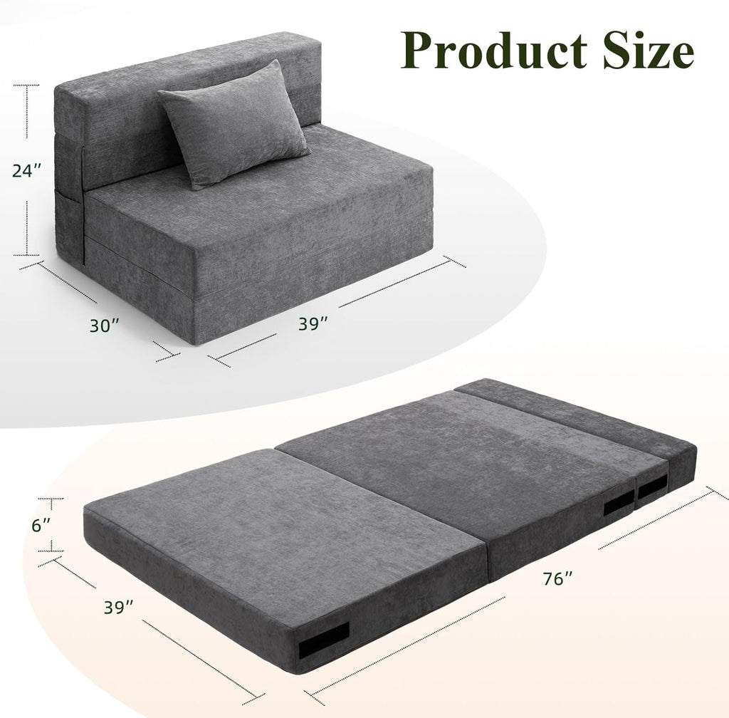 Folding Sofa Bed Convertible Sleeper Chair with Pillow, Gray W540