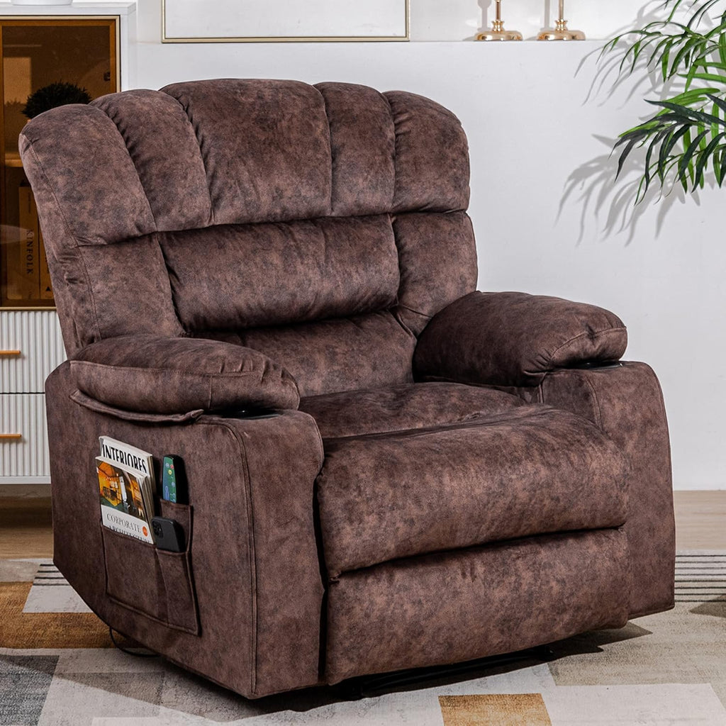 Recliner Chair Massage Heated Modern Ergonomic Lounge Single Sofa Seat Living Room Gravity Recliners Elastic Foam Filling 2 Cup Holders & Side Pocket Brown