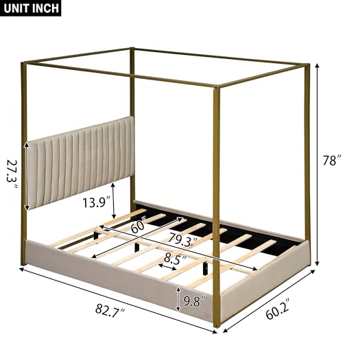 Canopy Platform Bed with Headboard and Metal Frame, Queen Size, Beige P487