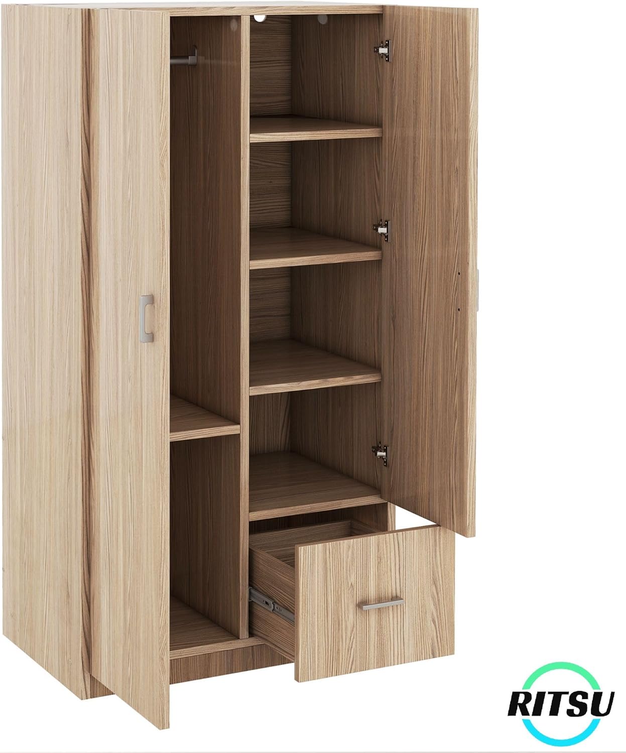 Freestanding 2-Door Wardrobe with 5 Shelves and Hanging Rod W76771