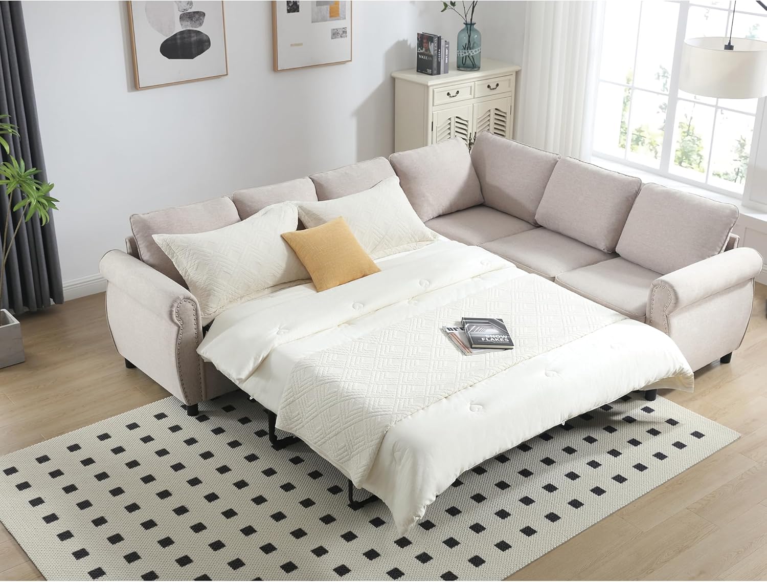 Modular Sectional Sleeper Sofa with Pull Out Bed, 6 Seater, Beige N245294