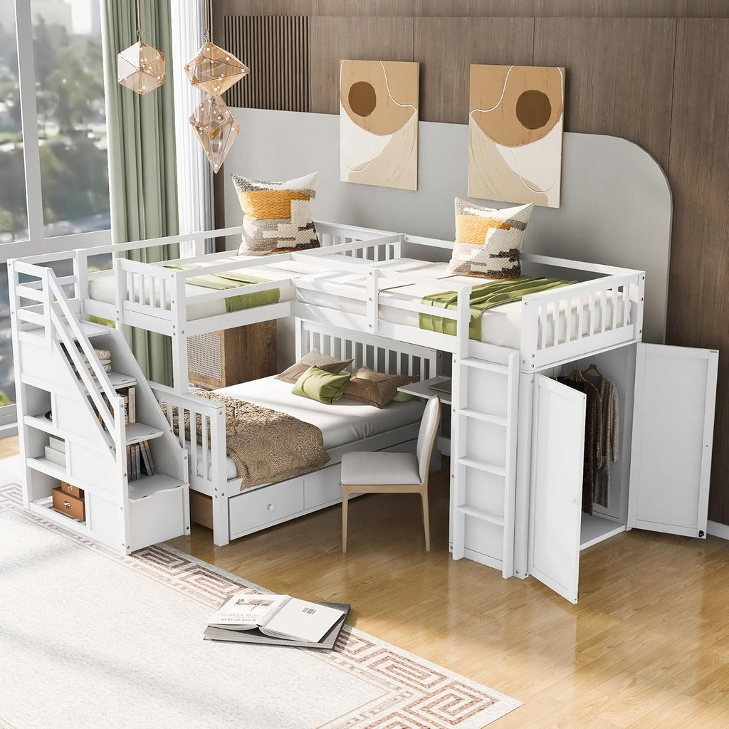 Twin-Twin Over Full L-Shaped Bunk Bed W/3 Drawers Wardrobe Solid Wood W/Portable Desk Ladder Guardrail White Modern Contemporary Unisex Nature Space Pine Finish