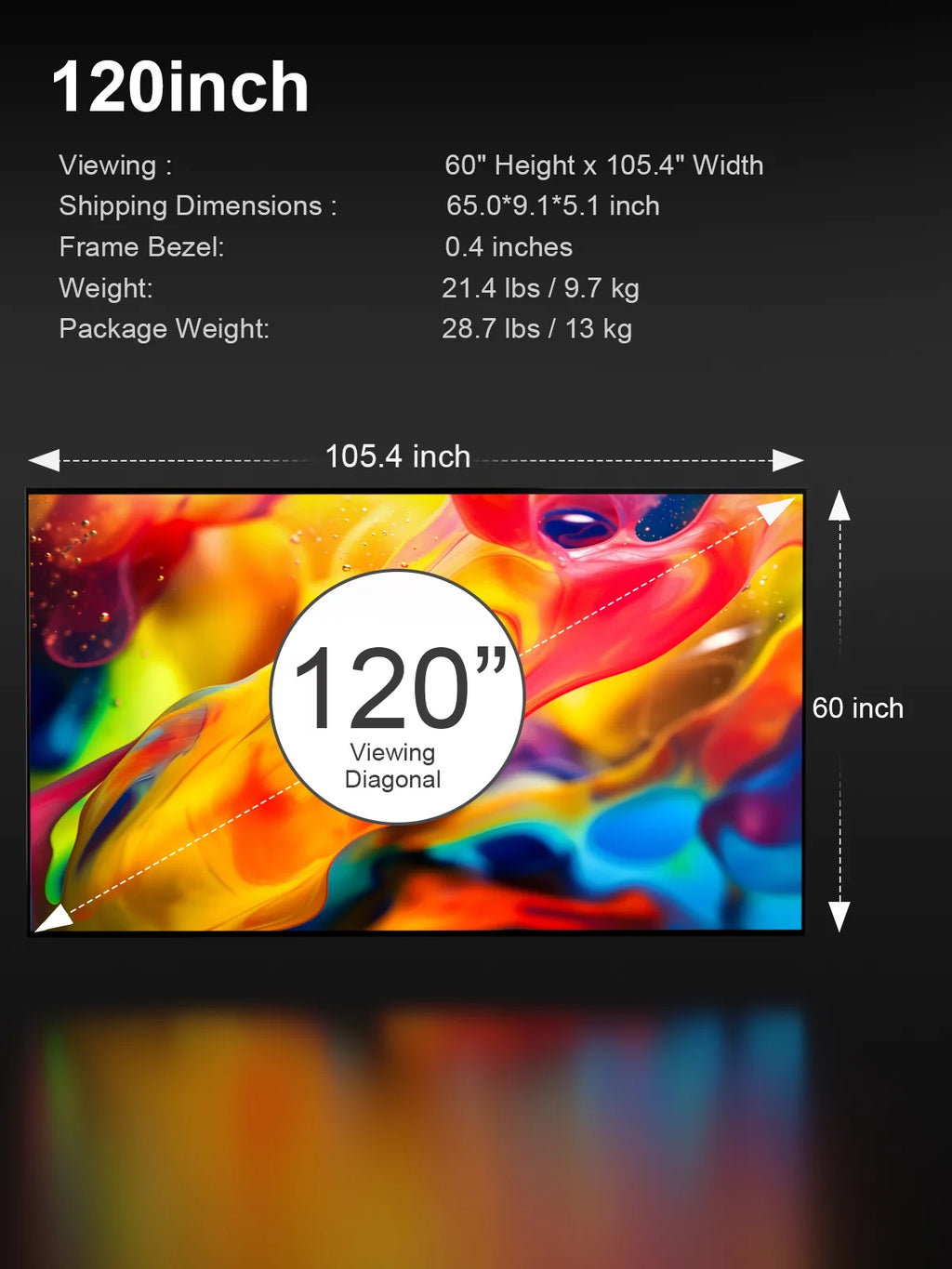 120" 16:9 Fixed Frame Projector Screen, 4K/8K UHD, Wall Mount Matte White F3939