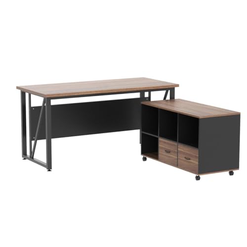 Executive Desk with Lateral File Cabinet, L-Shaped Computer Desk with Drawers and Shelves J291244