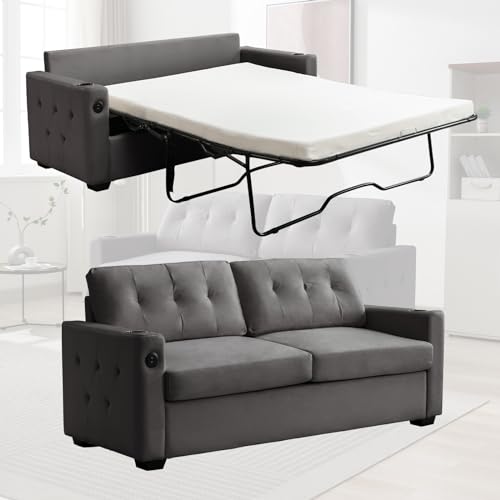 2-in-1 Pull Out Sofa Bed, Convertible Loveseat Sleeper Couch, Pull Out Couch w/Memory Foam Mattress & Metal Bed Frame, Sleeper Sofa Bed w/Cup Holders & USB for Living Room-Queen,Beige