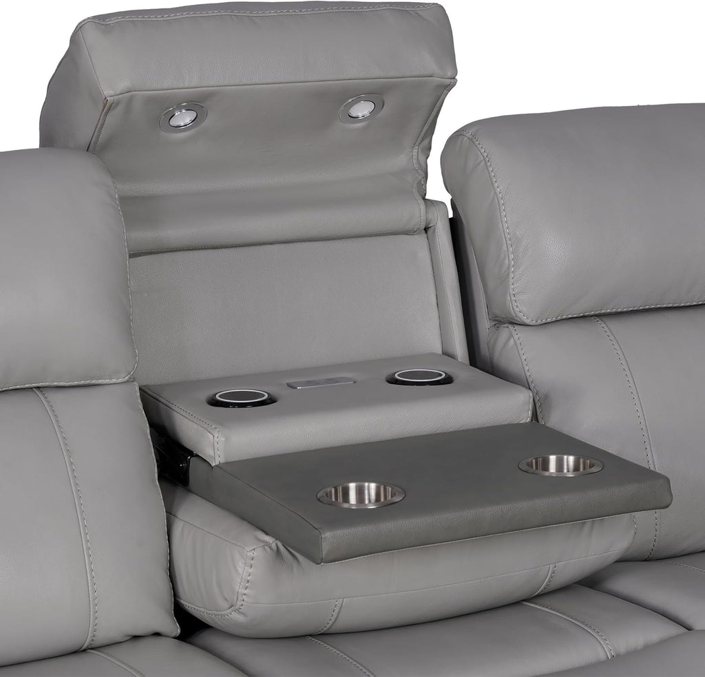 Modern Zero Gravity Power Reclining Sofa with Dropdown Console, 87" Wide, Silver and Gray Leather H4266