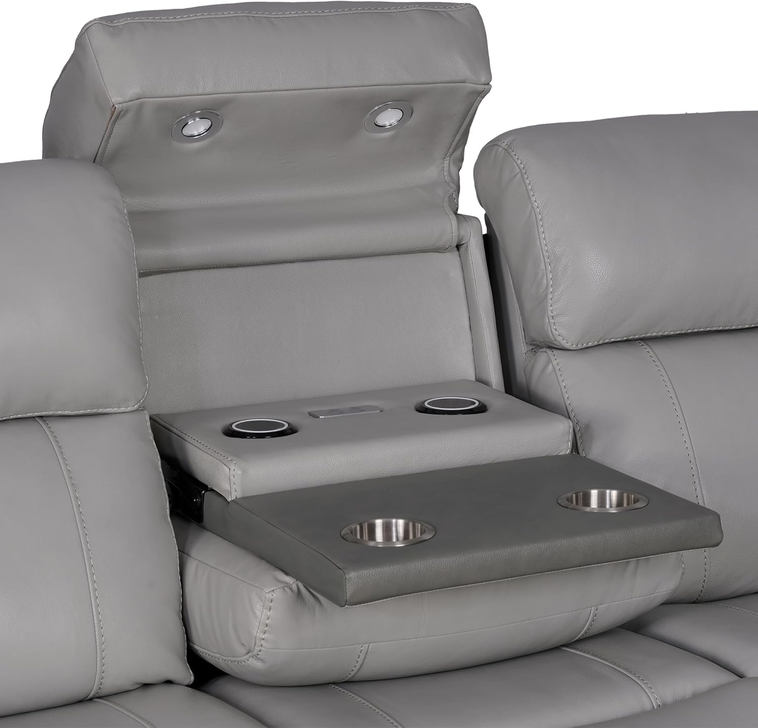 Modern Zero Gravity Power Reclining Sofa with Dropdown Console, 87" Wide, Silver and Gray Leather H4266