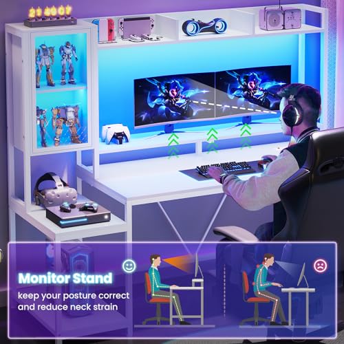 Gaming Desk with LED Lights and Storage Shelves J491627