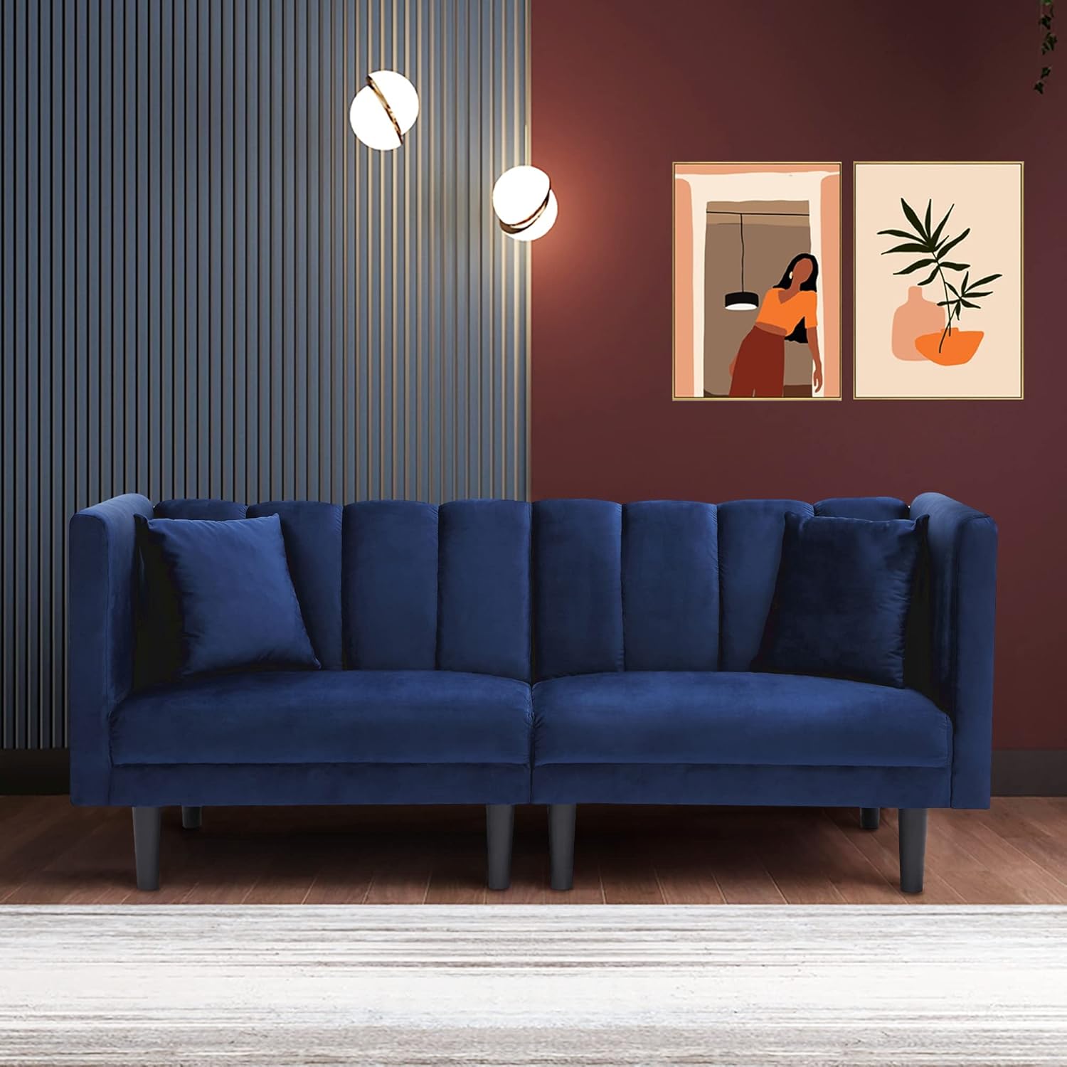 Tufted Split Back Futon Bed, Velvet Convertible Loveseat Sleeper, Navy Blue R338079