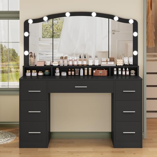 Vanity Desk with Lighted Mirror, 7 Drawers, 3 Lighting Colors, White X572
