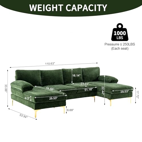 U-Shaped Sectional Couch for Living Room, 110 in Chenille 4 Seater with Double Chaises and Metal Legs T71007