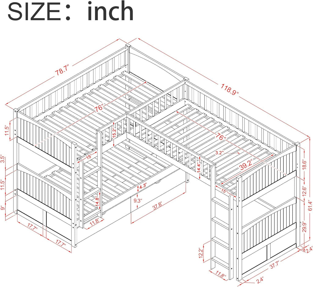 L-Shape Corner Triple Bunk Bed with 2 Drawers and Storage L859606