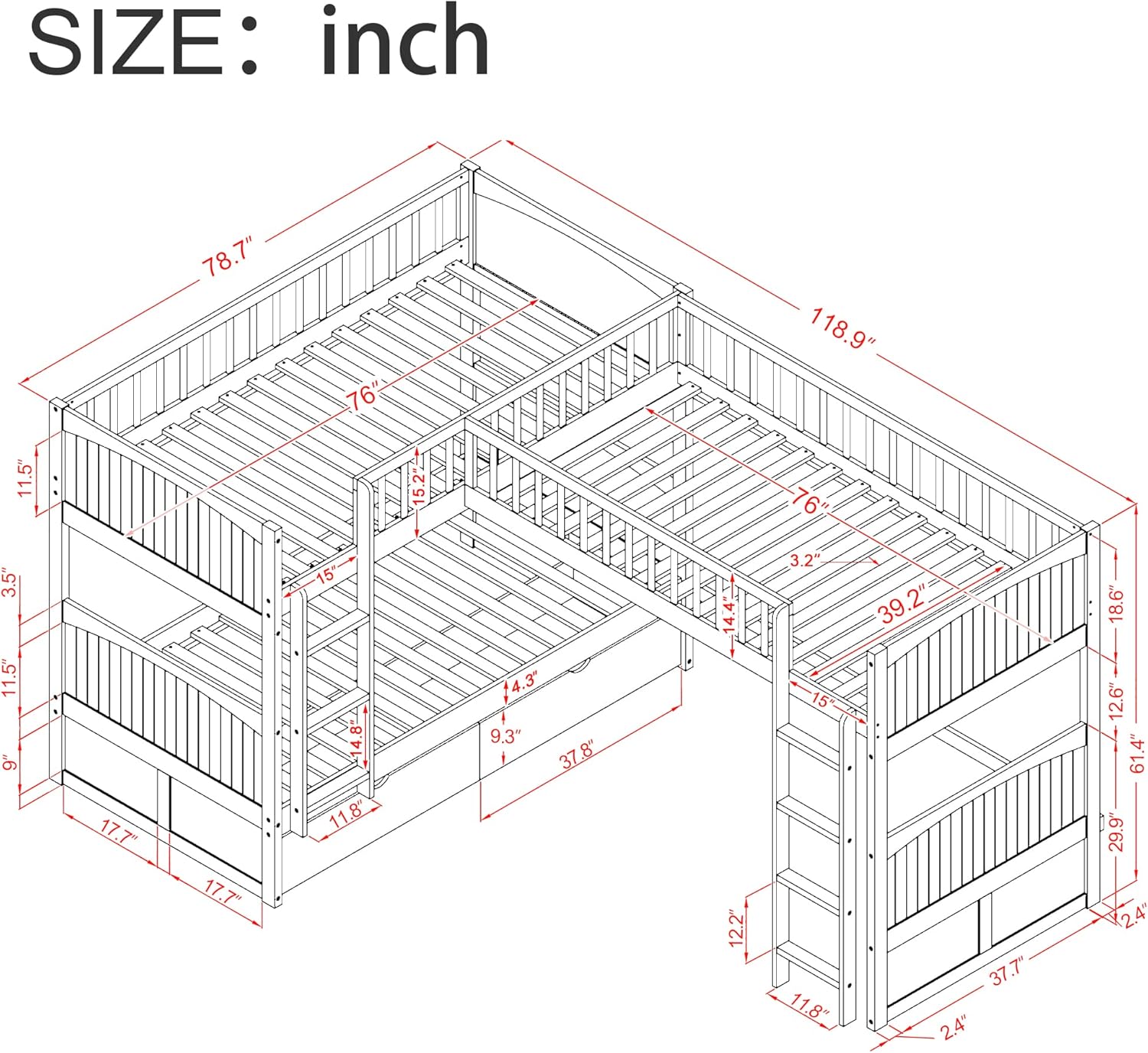 L-Shape Corner Triple Bunk Bed with 2 Drawers and Storage L859606