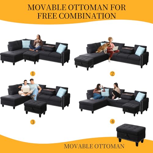 L Shaped Sectional Couch with Recliner and Storage Ottoman, Charcoal Grey R859535