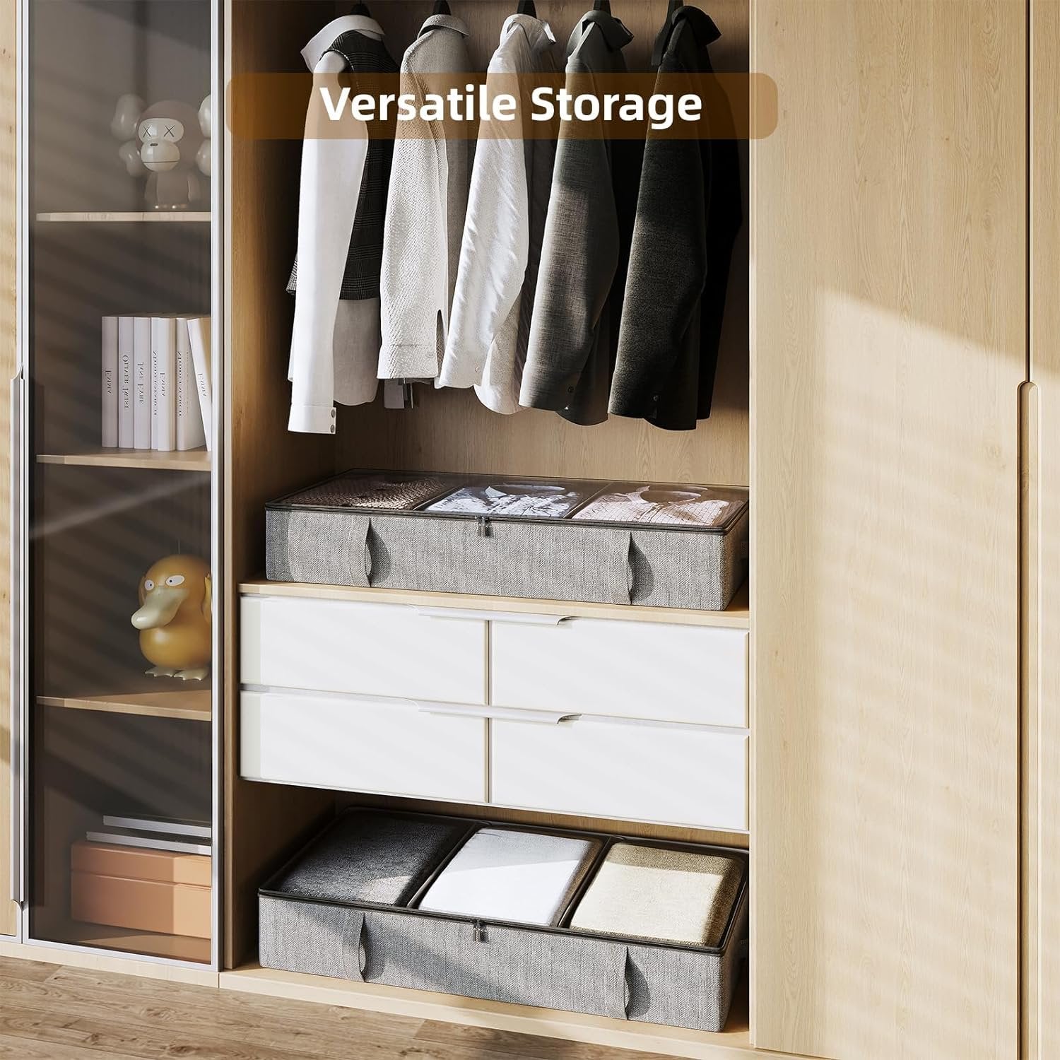 Under Bed Storage Containers with Dividers, Low Profile, Grey Q699