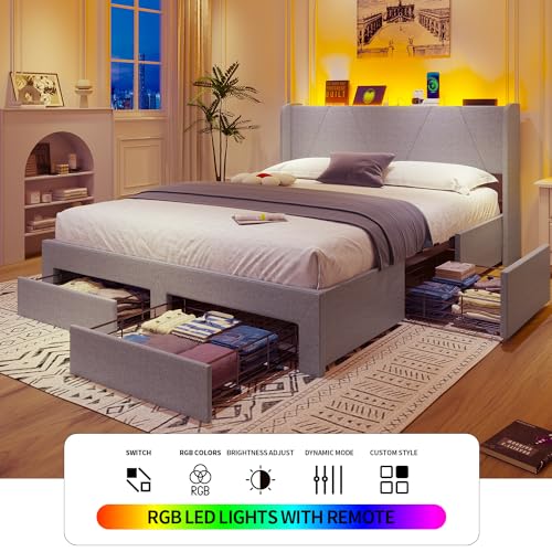 Queen Bed Frame with Storage Headboard and 4 Drawers, LED Upholstered, No Box Spring Needed O38039