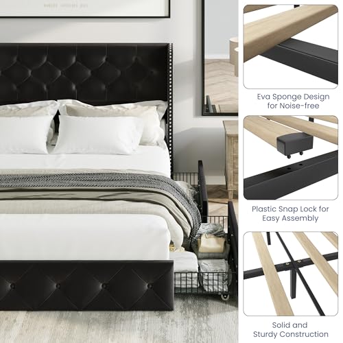 King Size Bed Frame with Storage Drawers and Tufted Headboard Q349