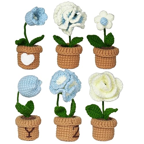 LA QUEENIE Crochet Kit for Beginners,6 Pcs Potted Flowers Crochet Kit for Adults,DIY Crochet Starter Kit for Complete Beginners with Step-by-Step Instructions Video Tutorials (Blue)
