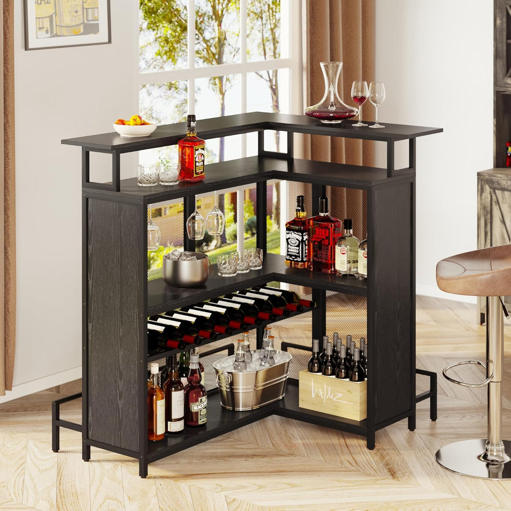 L Shaped Mini Home Bar Unit with Music Sensing LED Light and Wine Rack Y696994