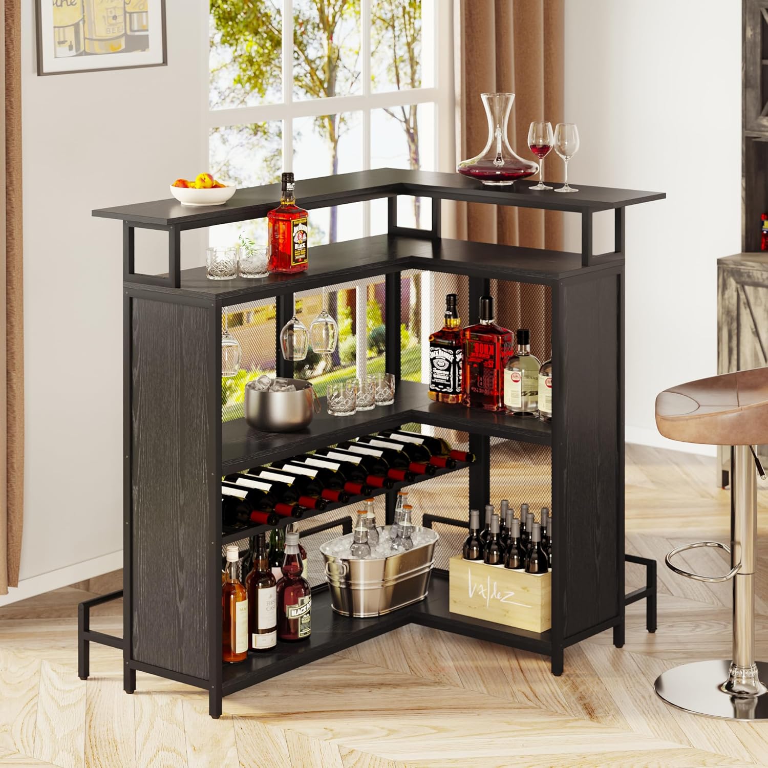 L Shaped Mini Home Bar Unit with Music Sensing LED Light and Wine Rack Y696994