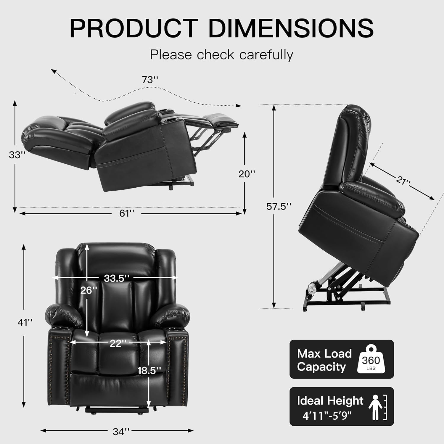 Power Lift Chair Recliner for Elderly with Heat and Massage, Black B20413