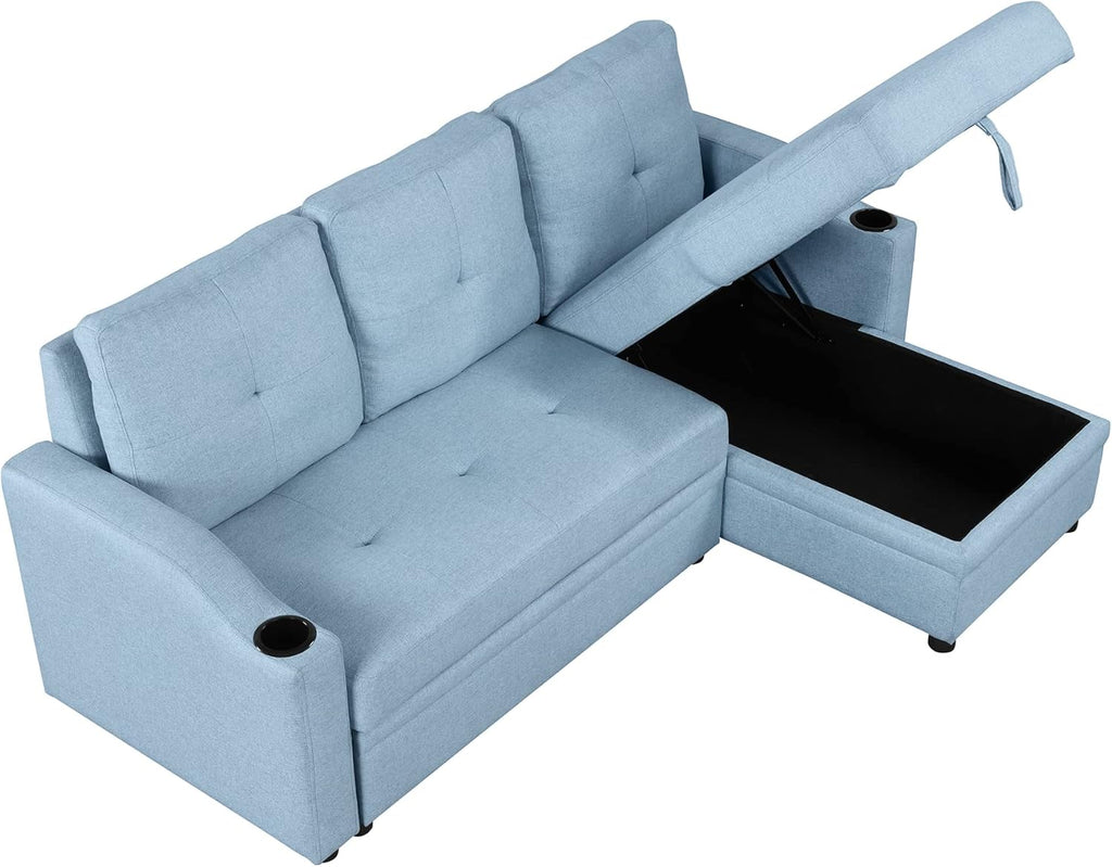 L-Shape Convertible Sleeper Sofa with Pull-Out Bed and Storage Chaise, Blue O64215