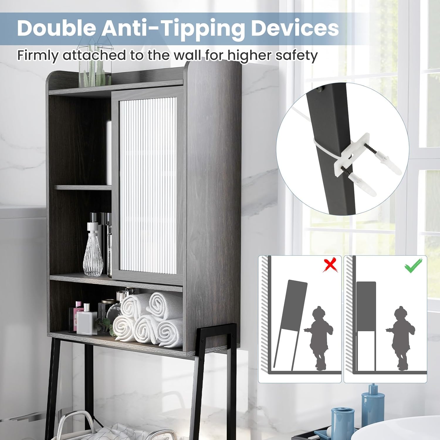 Over The Toilet Storage Cabinet with Sliding Door, Freestanding Bathroom Organizer Y33326