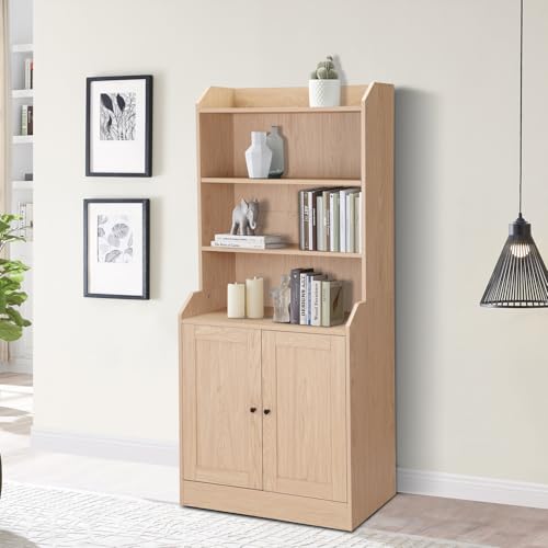Sideboard Buffet Credenza Storage Cabinet with 3 Drawers and 3 Open Shelves, Natural Oak Q150