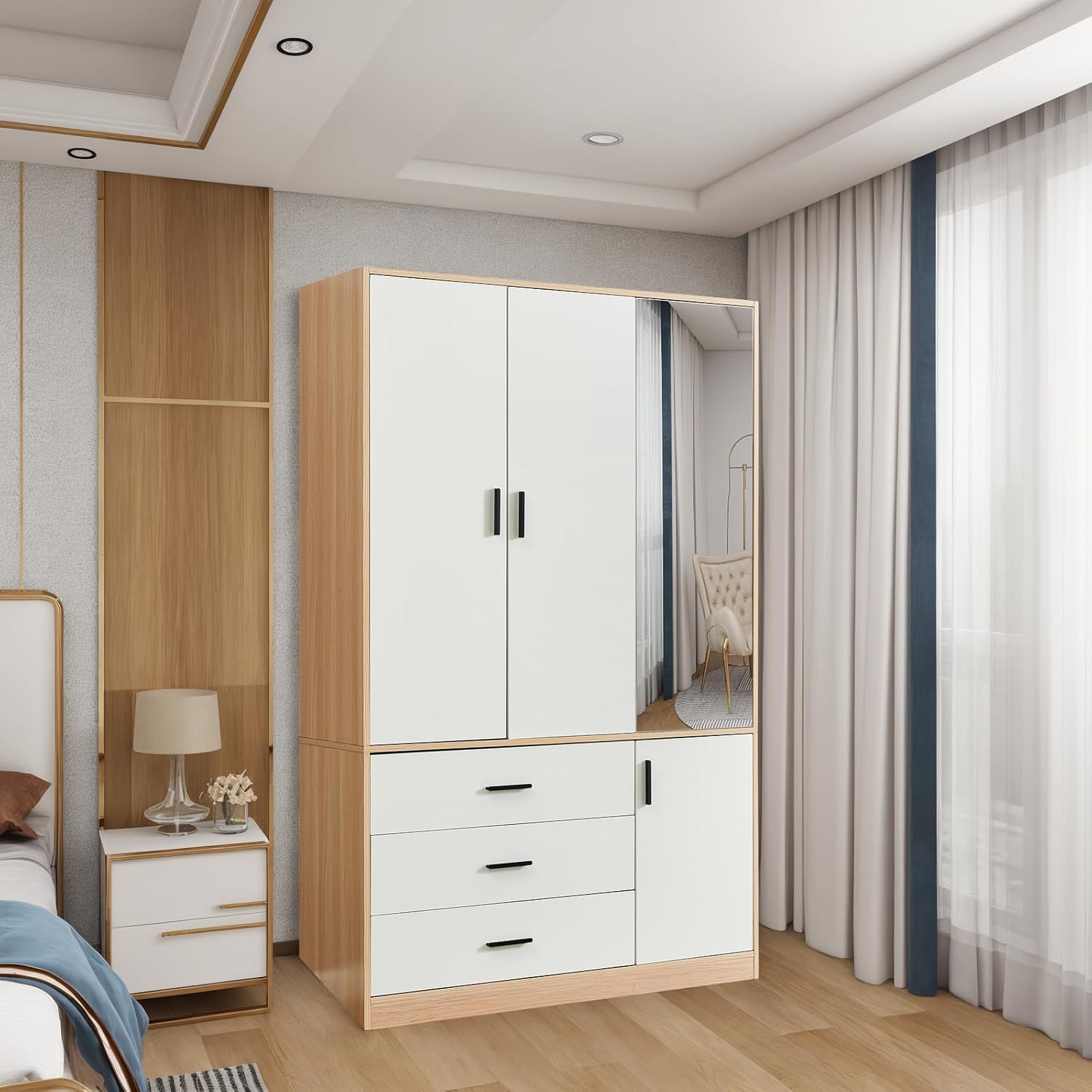 Wardrobe Closet with 3 Drawers, 2 Doors and Mirror K6817