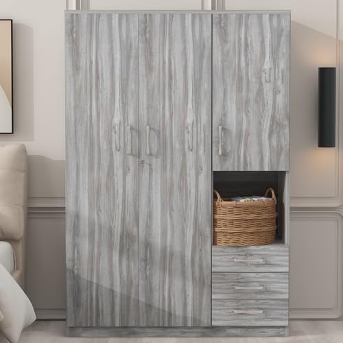 Merax Wooden Wardrobe Closet Organizer with Big Drawers, Hanging Rail and Shelves Tall 3 Doors Armoire Clothes Storage Cabinet for Bedroom, Laundry & Living Room, Easy Assembly, Grey